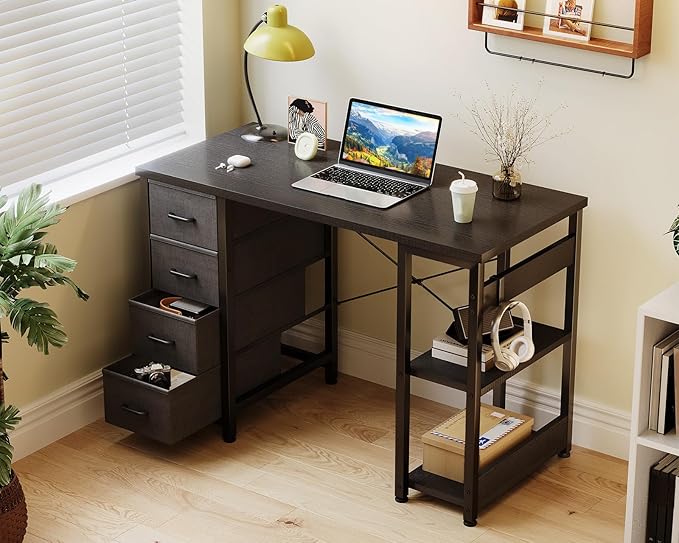 Casaottima 40 Inch Small Computer Desk with 4 Fabric Drawers, Modern PC Desk for Small Spaces, Home Office Desk with Storage Shelves, Black