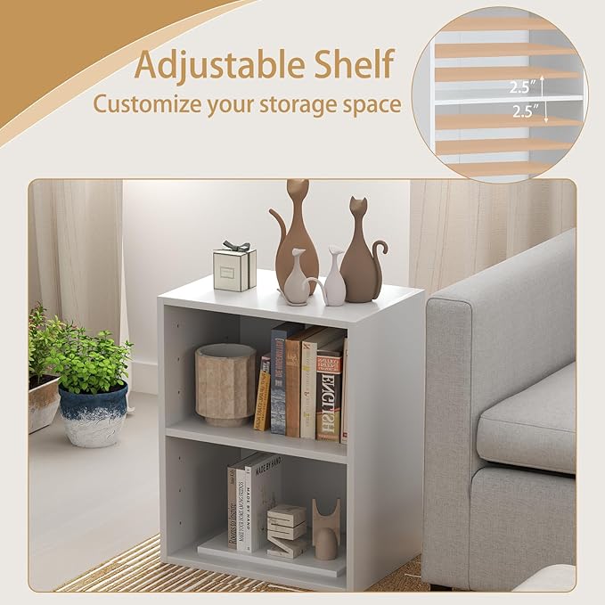 Tangkula 2-Tier Bookshelf, Open Shelf Bookcase with 7-Position Adjustable Shelf, Multifunctional Wooden Cubby Storage Display Shelf for Home Office Study Living Room (White, 2)