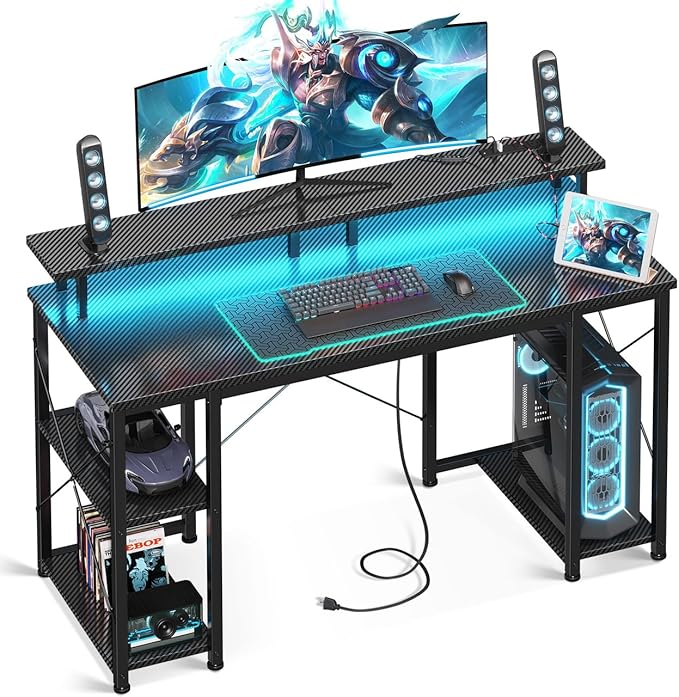 ODK 48 inch Computer Desk with Power Outlets & LED Lights, Gaming Desk with Monitor Stand & Storage Sheves, Home Office Desk, Carbon Fiber Black