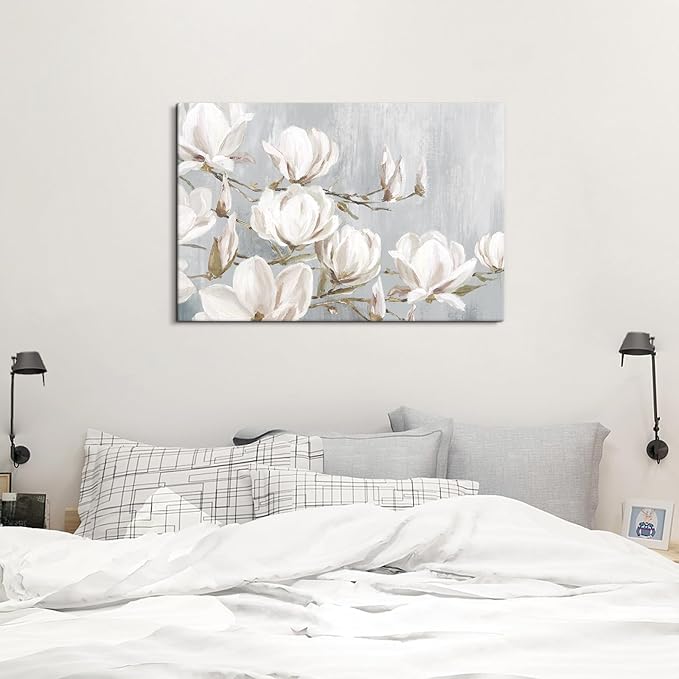 SEVEN WALL ARTS White Magnolia Canvas Wall Art Flowers Pictures Blossom Floral Artwork Vintage Nature Botanical Painting Farmhouse Artwork Decor for Bedroom Living Room Bathroom Office 36"x 24"