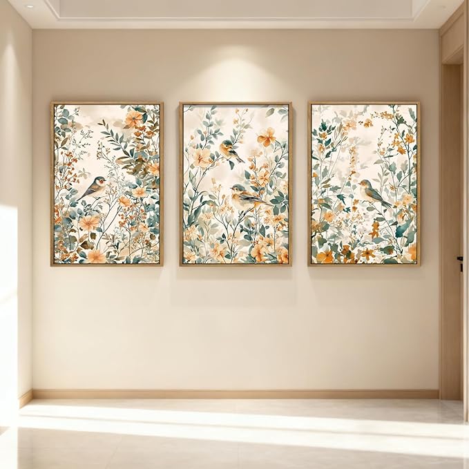 ANHUIB Large Neutral Floral Wall Art 16x24 Inch Beige Botanical Wall Decor Bird Painting Set of 3 for Living Room Bedroom Barhroom