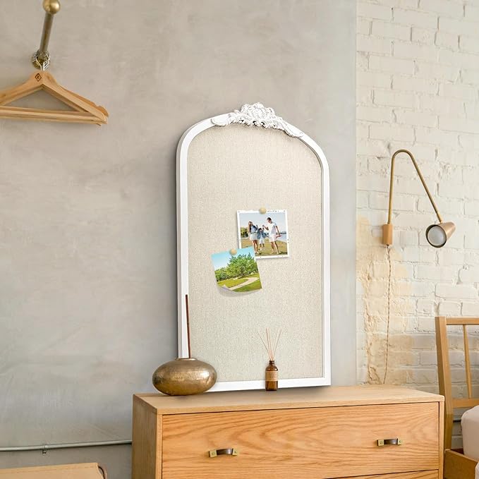 Bulletin Board with Linen, Vintage Arch Framed Pin Board – 19 x 31 White Cork Board for Walls, White Pine Wood Frame, Fabric Pinboard, Vision Board for School, Home & Office