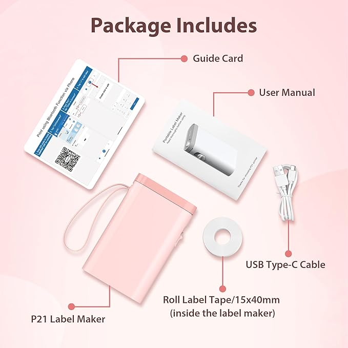 P21 Label Maker Machine with Tape, Label Printer Thermal Mini Label Makers with Built-in Cutter and Multiple Templates, Portable Printers for School, Office and Home Use (Pink)