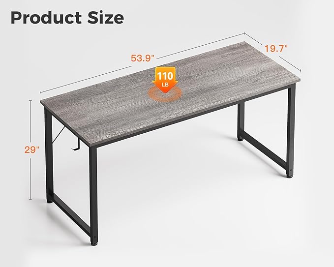 Casaottima 54 Inches Small Computer Desk, Work Study Table for Home Office, Kids Student Writing Desk with Headphone Hooks, Grey