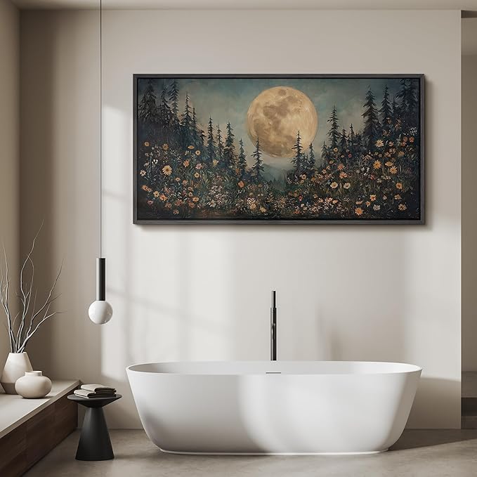 SIGNFORD Extra Large Framed Canvas Moonlit Forest with Wildflowers Mystical Illustrations Modern Art Calm Warm for Living Room, Bedroom, Office - 60"x30"