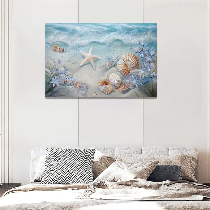 Beach Seashell Bathroom Wall Art Coastal Floral Pictures Wall Decor Flower Starfish Canvas Painting Modern Decoration Artwork for Bathroom Living Room Bedroom Office Framed 24"x16"