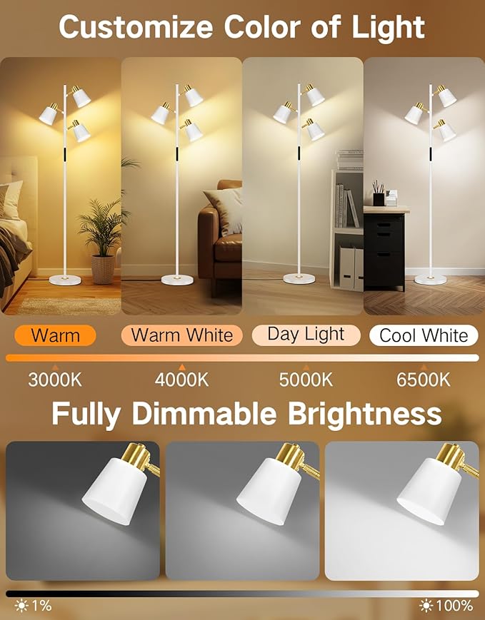 OUTON Tree Floor Lamp, LED Dimmable Floor Lamp with Remote and Touch Slide Control, 4 Color Temperatures, 3 Rotatable Lights, Modern Standing Lamp for Living Room Bedroom Office,White & Gold