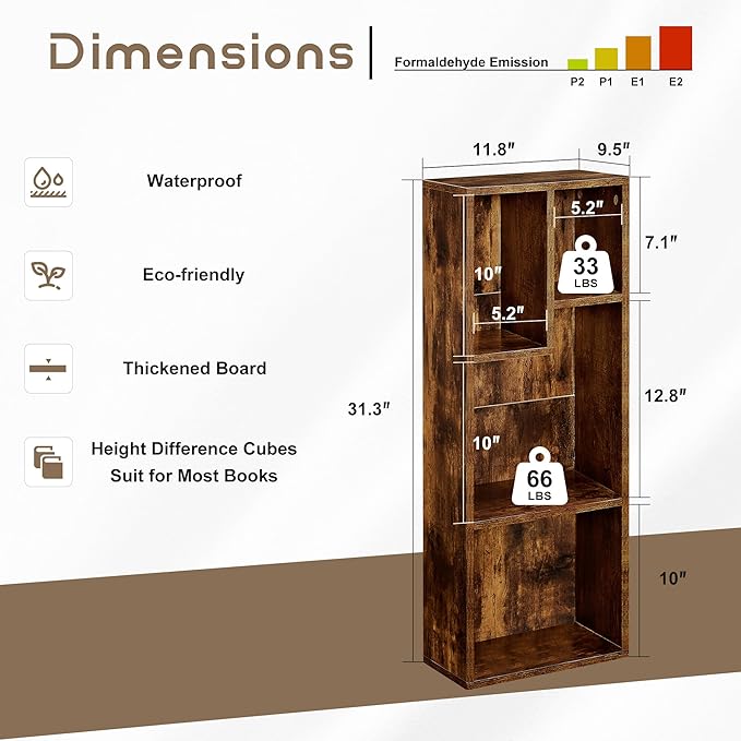 VECELO 3-Tier 4-Cube Bookshelf with Height Difference Shelves, 66 LBS Per Shelf Heavy Duty Bookcase, Modern Floor Standing Storage Unit for Living Room Bedroom, Rustic Brown