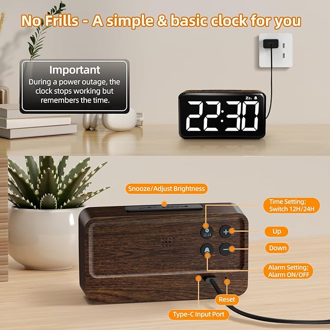 NOKLEAD Digital Alarm Clock: Wood Grain, 5.9-inch Large LED Display, Easy to Use for Seniors and Men, Adjustable Brightness, Aesthetic Room Decor Desk Clocks for Bedroom | Dorm | Living Room | Office