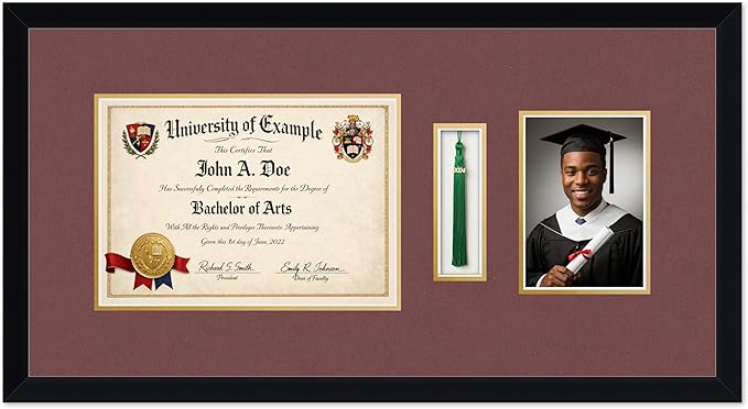 CountryArtHouse Diploma Tassel and Photo Shadowbox Fits 11.69 x 8.27 A4 Certificate with Tassel Hook Matte Black Genuine Hardwood with Dark Red Over Metallic Gold Double mat