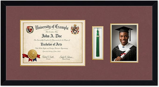 CountryArtHouse Diploma Tassel and Photo Shadowbox Fits 11.69 x 8.27 A4 Certificate with Tassel Hook Matte Black Genuine Hardwood with Dark Red Over Metallic Gold Double mat
