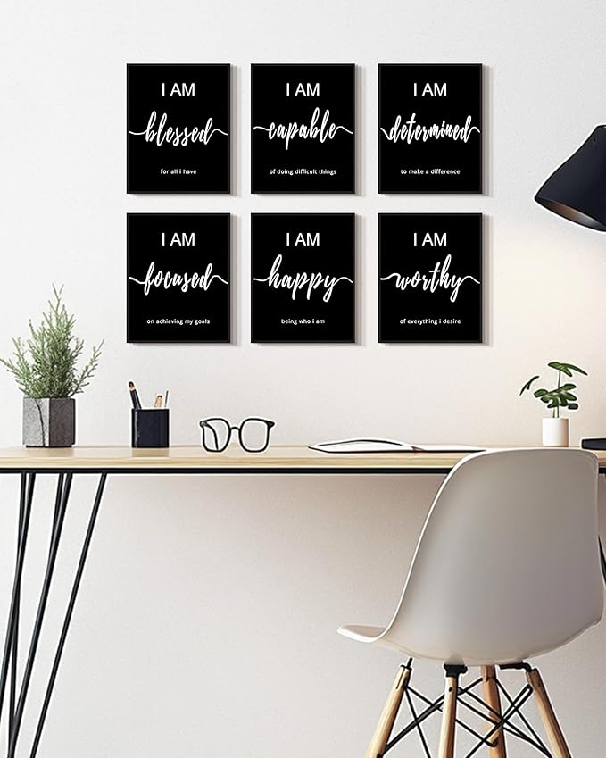 KUVIOKE Inspirational Wall Decor Motivational Quotes Framed Wall Art Encouraging Office Affirmations Sayings for Kids Classroom Bedroom Living Room Ready to Hang Set of 6, 8x10in (Black Framed)