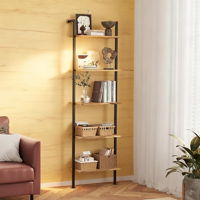 5-Tier Bookshelf Solid Wood Ladder Shelf, Narrow Book Shelf Display Shelf, Wooden Bookcase, Wall Mount Ladder Shelf, Storage Rack for Living Room, Bedroom, Industrial Style, Rustic Brown
