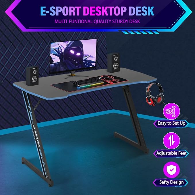 PayLessHere | 47" Gaming Table | Blue | Z-Shaped Computer Desk with Steel Frame, Headphone Hook, Adjustable Feet | Carbon Fiber Texture Surface, Sweat & Waterproof | for Gaming, Home Office