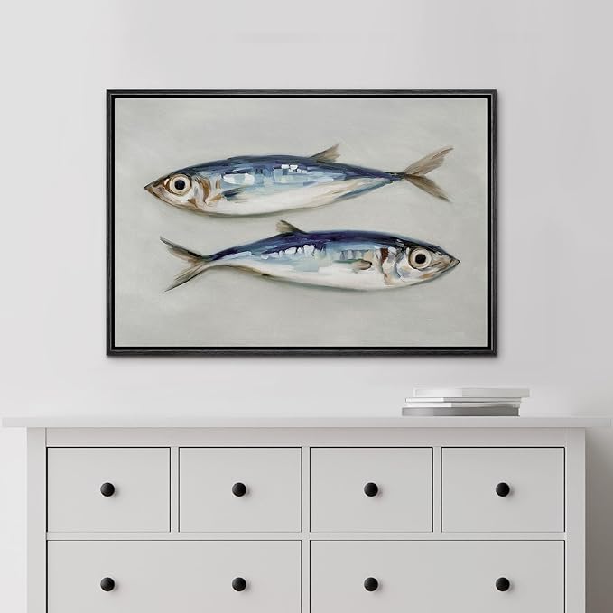 MUDECOR Framed Canvas Print Wall Art Two Fish Illustration Coastal Illustrations Minimalism Decorative Relax Colorful for Living Room, Bedroom, Office - 24"x36" Black