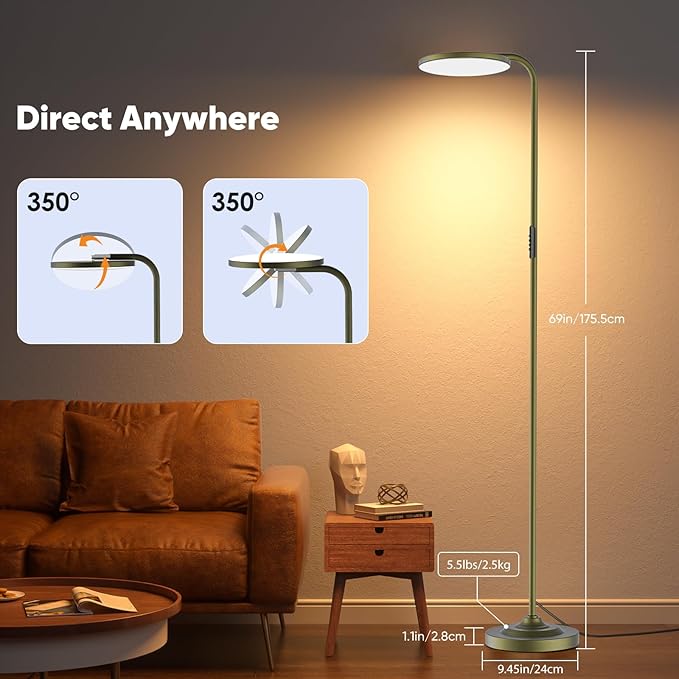 36W LED Floor Lamp, Super Bright Standing Lamp, Modern Stepless Dimmable Torchiere Tall Lamp with Remote Control, 350°Rotating Head Reading Floor Lamp for Living Room, Bedroom, Office