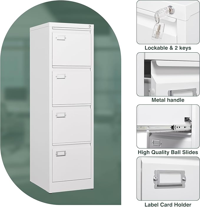 STANI Metal Vertical File Cabinet with Lock，Narrow Filing Cabinets Hanging Files Letter/Legal/A4 Size, Metal Storage Cabinet for Home Office, Assembly Required (White, 4-Drawer)