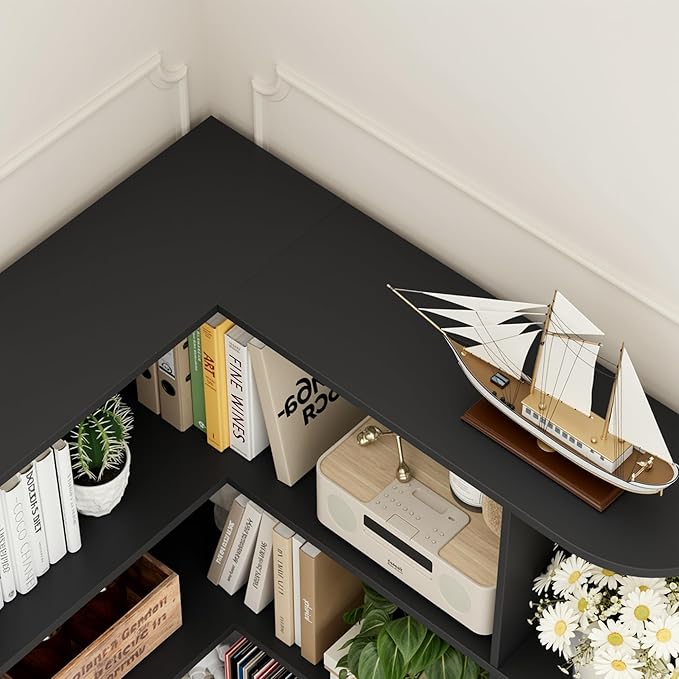 FOTOSOK 74” Tall Corner Bookshelf, 6-Tier Bookshelf and Bookcase with Open Storage, L Shaped Tall Bookcases Wooden Storage Shelves for Home Office, Thickened Boards for Better Load Bearing, Black