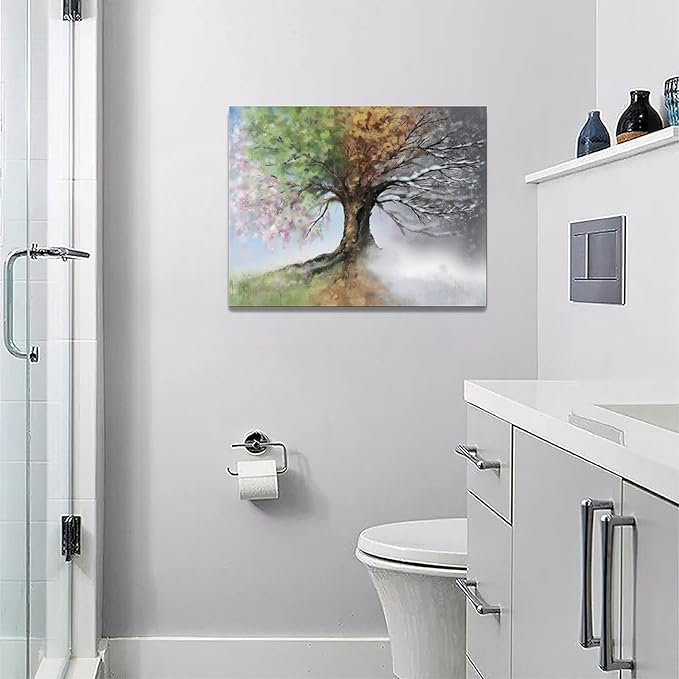 Tree of Life Wall Art Four Season Trees Pictures Decor Rustic Nature Canvas Country Painting Modern Artwork Home Decorations for Bathroom Living Room Bedroom Office Framed 16"x12"