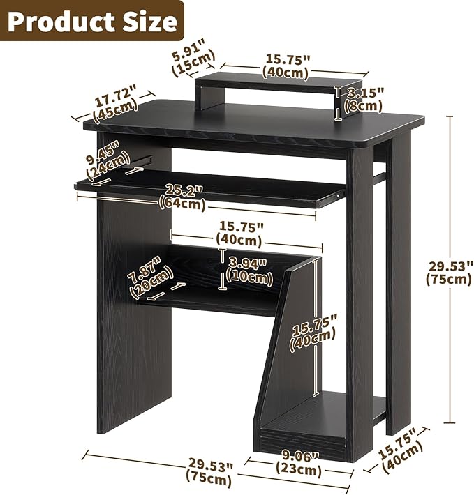 30" Small Computer Desk with Keyboard Tray Monitor Stand, Study Writing Desk with Storage Shelves, Modern Workstation for Small Spaces, Save Space, Black