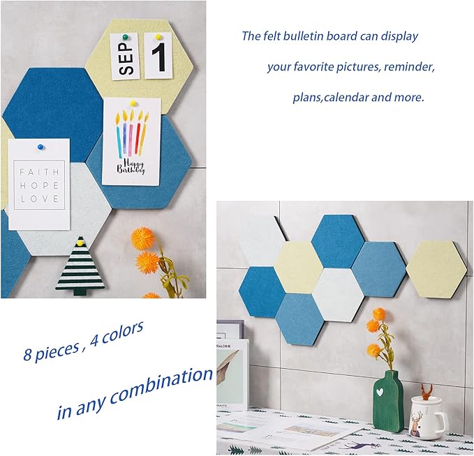8Pcs Hexagon Felt Cork Board Tiles Self Adhesive Bulletin Board, Pin Board for Wall Decor Memos Photos Display (Set A)
