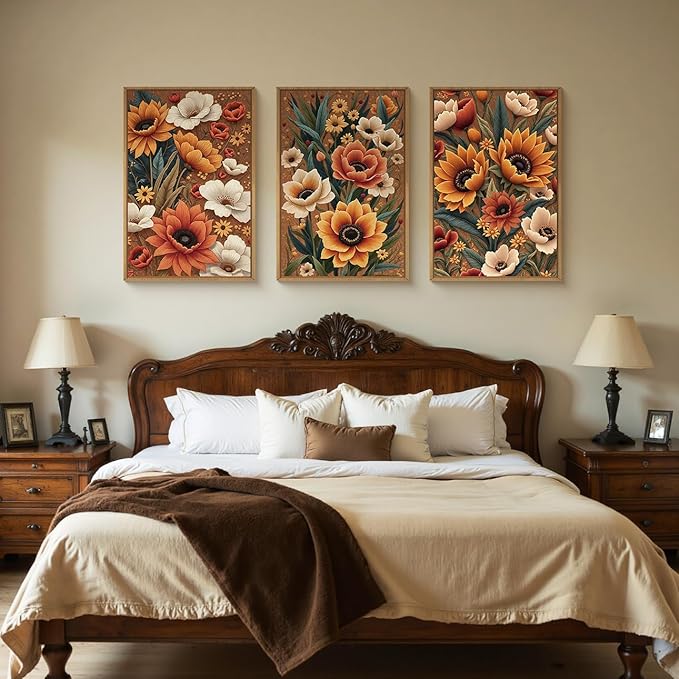 Large Boho Flower Botanical Framed Canvas Wall Art,Abstract Floral Wall Decor,Embroidery Plant Wall Painting,Bloom Wildflower Artwork for Living Room,Bedroom,Dining Room,Office -24"x36"x3