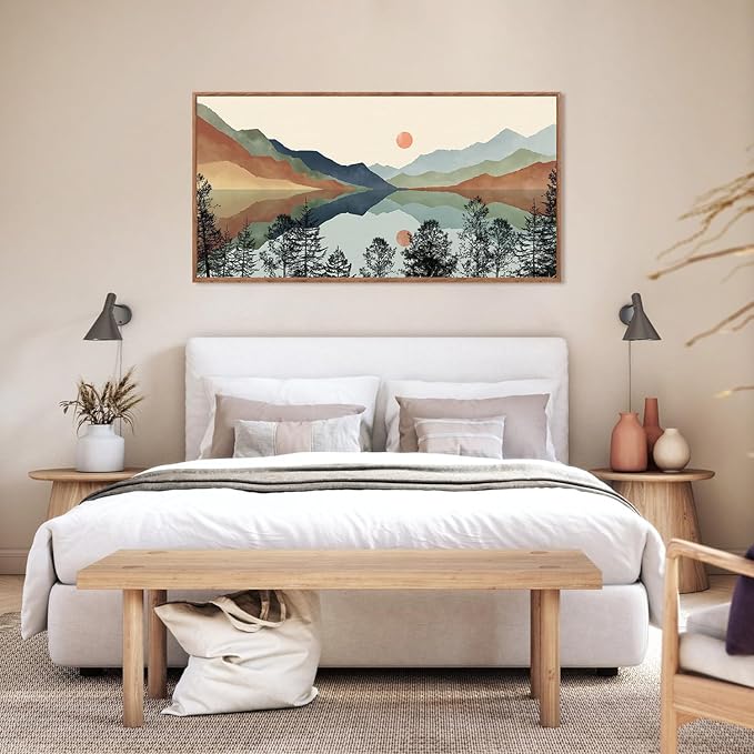 CHDITB Mountain Sun Forest Framed Art Prints(40"x20"), Boho Watercolor Nature Landscape Canvas Artwork Painting, Abstract Foggy National Park Scenery Poster Decor for Living Room Bedroom
