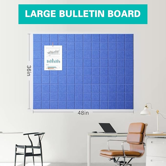 Cork Board for Walls 48" x 36", Bulletin Board for Office Decor, 12 Pack Felt Wall Tiles with Safe Removable Adhesive, Pin Tack Corkboard for Quilting Design & Dart Wall Protector - Sky Blue