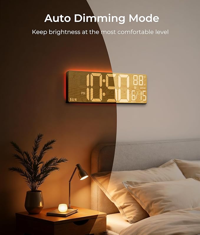 16.5" Large Digital Wall Clock with BT Sync, Wood Grain Clock with 11 RGB Light Scenes, Remote Control, Dual Alarms with Big LED Display, Auto DST, Temperature for Classroom Gaming
