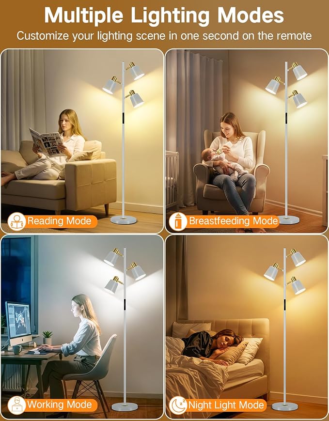 OUTON Tree Floor Lamp, LED Dimmable Floor Lamp with Remote and Touch Slide Control, 4 Color Temperatures, 3 Rotatable Lights, Modern Standing Lamp for Living Room Bedroom Office, Grey & Gold