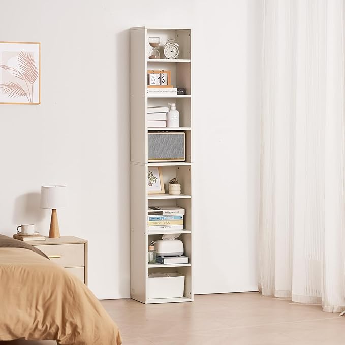 VEVOR 8 Tiers Narrow Bookshelf, 71 in Wooden Tall Open Bookcase with Height-Adjustable Shelf, Freestanding Display Storage Floor Bookcase Bookshelf for Library, Bedroom, Living Room, Office, White