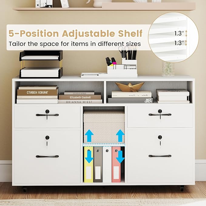 Giantex 4-Drawer Lateral File Cabinet with Lock, Adjustable Shelf, Open Components, 5 Rolling Wheels (2 Lockable), Fits Files A4/Letter Size, Mobile Filing Storage Organizer, Printer Stand (White)