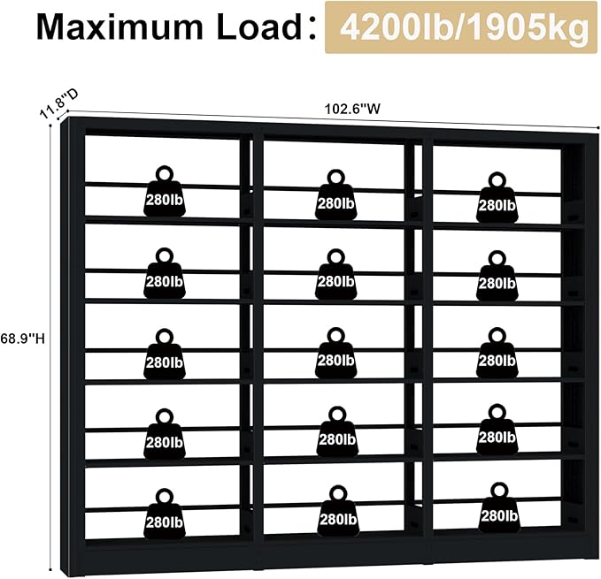 5-Tier Industrial Bookshelf, Black Bookcases and Bookshelves,Tall Metal Book Shelf Storage Organizer, Freestanding Bookshelf for Living Room,Home Office (Black, Shelf-3)
