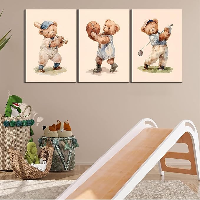 Teddy Bear Sports Nursery Animal Canvas Wall Art Cute Woodland Rugby Wall Decor Pictures Vintage Basketball Baseball Kids Room Poster Prints for Boys Room Bedroom Playroom Decorations16x24in canvas