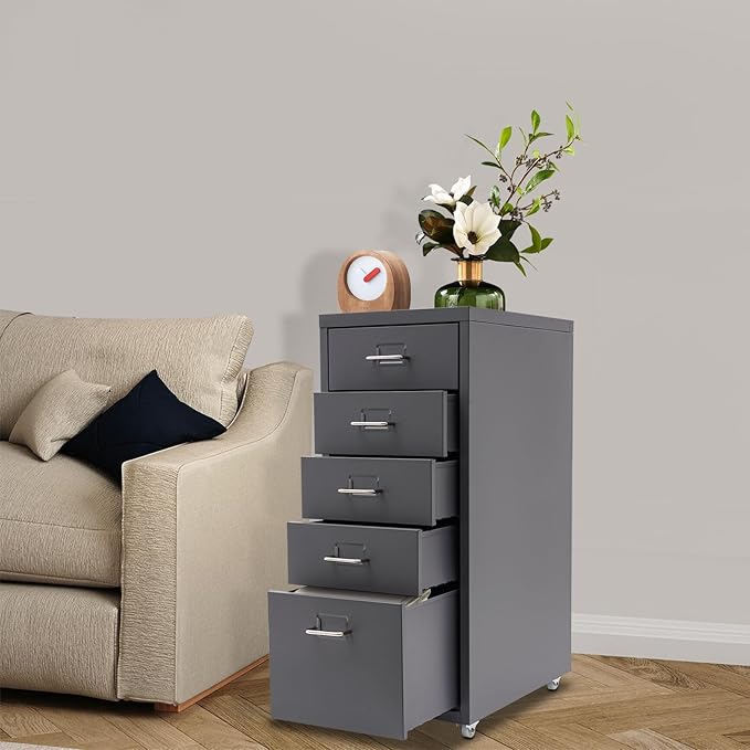Metal File Storage Cabinet,Side Storage Organizer,Freestanding Storage Unit,Metal Garage Storage Drawer,Storage Cabinet with 5 Drawers and Wheels for Office,Home,School，Grey,11 * 16.1 * 27.1in