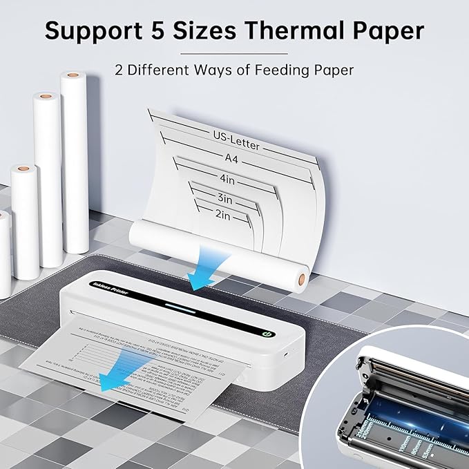 Portable Printer, 300DPI Wireless Bluetooth Thermal Printers, Support Multi-Size Thermal Paper, Compatible with iOS, Android & PC, Inkless Mobile Printer for Travel, Office, School, White