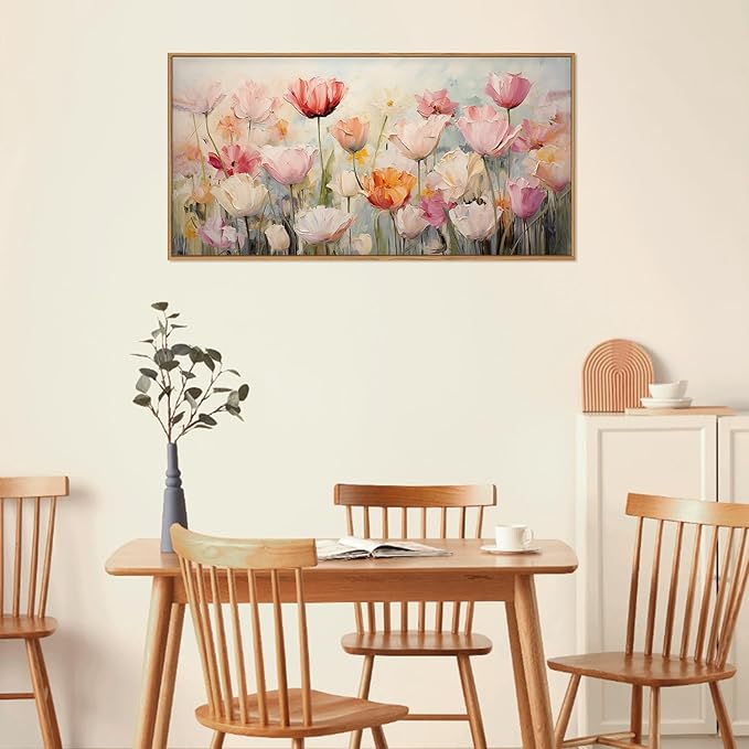 HPNIUB Large Nature Wildflowers Framed Wall Art Pink Floral Canvas Oil Painting Modern Aesthetic Wall Decor Abstract Flower Artwork for Living Room Bedroom Decor -20"x40"