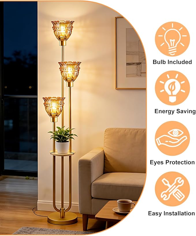 Lightdot 3-Lights Glass Floor Lamp for Living Room Mid Century Modern Gold Floor Lamp with Amber Glass Shade & 3000K Bulbs Included Tall Standing Lamp for Bedroom/Sofa Beside/Corner Decor