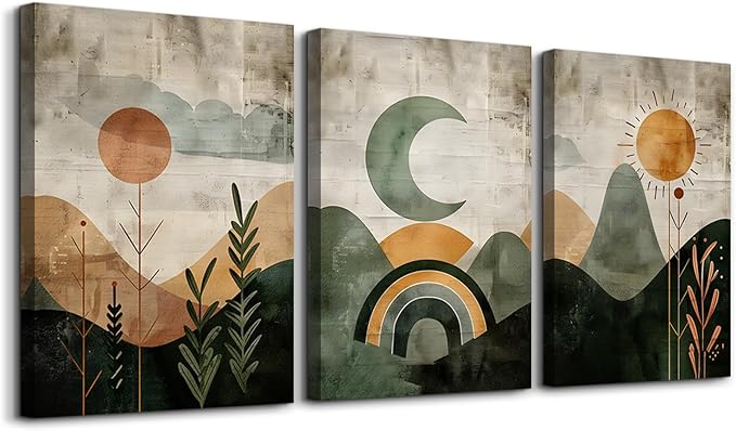 TTHYUEWS Boho Modern Abstract 3-Piece Set Canvas Wall Art For Living Room, Bedroom & Office - Geometry Landscape Abstract Wall Pictures Artwork