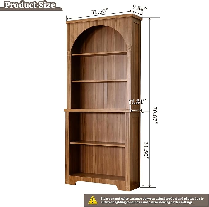 71" Tall Narrow Arched Bookshelf, Mid Century Modern 5-Tier Arched Narrow Storage Bookcase with Adjustable Open Display Shelf for Office, Living Room (Walnut)