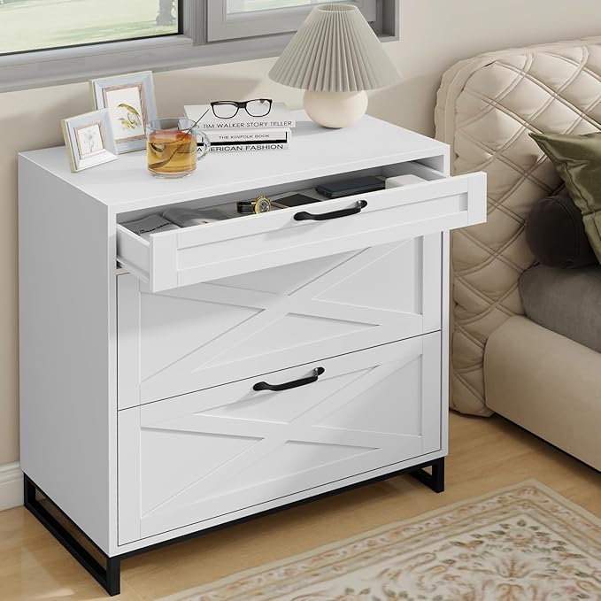 Vabches Lateral File Cabinet with 3 Drawers, Modern Farmhouse File Cabinet for Legal/Letter/A4 Size Hanging Files, Large Wood Printer Stand Home Office, White