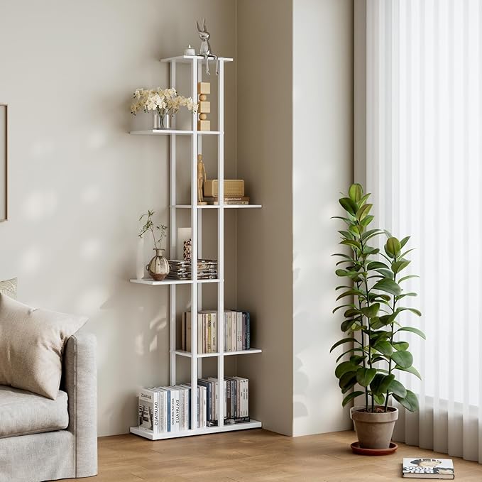 6 Tier Corner Bookshelf，Slim Open Bookshelf，Small Book Shelf for Small Spaces，Living Room, Home Office, 9.45 x 20.8 x 62.2 Inches,（1PC+White