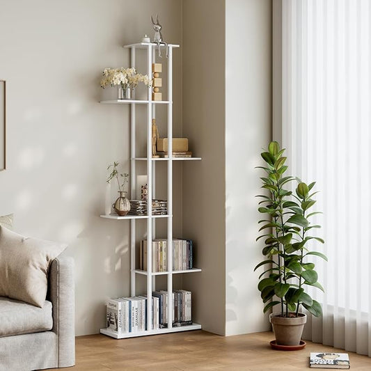 6 Tier Corner Bookshelf，Slim Open Bookshelf，Small Book Shelf for Small Spaces，Living Room, Home Office, 9.45 x 20.8 x 62.2 Inches,（1PC+White