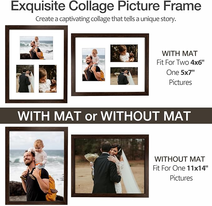 Golden State Art 11x14 Dark Brown Wood Picture Frame - White Mat for 5x7 and 4x6 Photos - Real Glass, Sawtooth Hanger, Swivel Tabs - Wall Mounting - Great for Posters, Weddings, and Engagements
