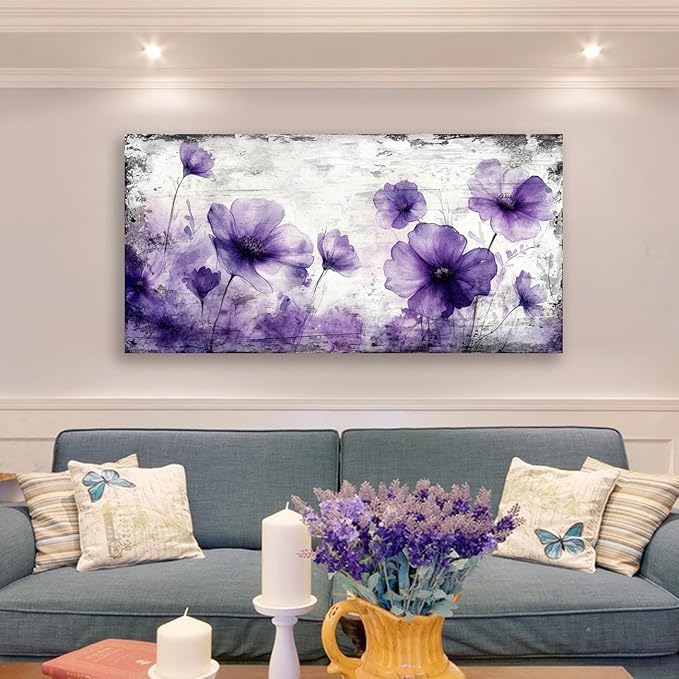 Wall Art for Living Room Decor Purple Floral Picture Prints Modern Watercolor Poppy Painting Artwork Home Decor Framed Wall Decor Large Size 24 x 48 in Ready to Hang