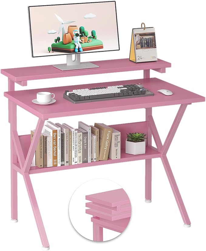COTUBLR Small Desk, 27.5 Inch Small Computer Desk for Spaces, Computer Desks with Adjustable Monitor Stand, Compact Desks with Storage, Tiny Study Table for Bedroom Home Office, Pink