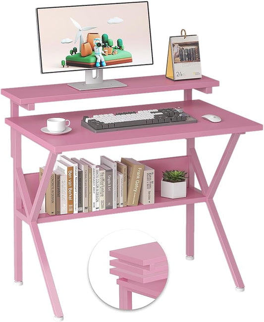 COTUBLR Small Desk, 27.5 Inch Small Computer Desk for Spaces, Computer Desks with Adjustable Monitor Stand, Compact Desks with Storage, Tiny Study Table for Bedroom Home Office, Pink
