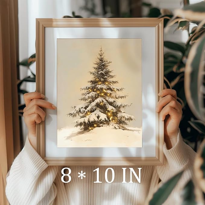 uniro Snowy Christmas Tree Print, Vintage Pine tree Decor Wall Art, Neutral Antique Holiday Xmas Tree Painting, Christmas Muted Rustic PineTree Artwork Painting Winter Farmhouse Holiday Wall Decor for Bedroom, Living Room, Gallery, winter Room Decor, h...
