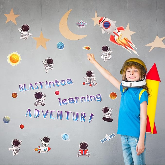 Pajean Space Bulletin Board Outer Space Classroom Decorations Blast into a Learning Adventure Cutouts for Back to School First Day Window Door Wall Elementary Preschool Teacher Supplies