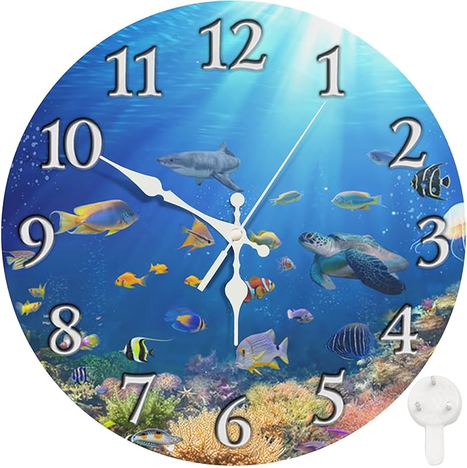Britimes Round Wall Clock Silent Non-Ticking Battery Operated Clock 10 Inch, Underwater Coral Reef Tropical Fish Home Decor for Living Room, Bathroom, Bedroom, Kitchen, Office and School